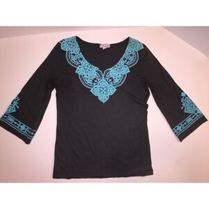 Black Long Sleeve Tunic Top Turquoise Embroidered Neckline Cuffs Size L